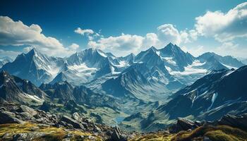 ai generado majestuoso montaña cima, naturaleza belleza en panorámico paisaje generado por ai foto