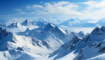 ai generado majestuoso montaña cima, azul cielo, tranquilo escena, Fresco ártico aire generado por ai foto