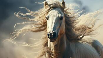 AI generated Running stallion in meadow, mane flowing, freedom in nature generated by AI photo