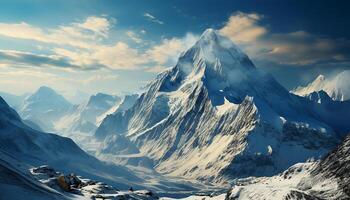 ai generado majestuoso montaña cima, nieve tapado y congelado, un panorámico belleza generado por ai foto