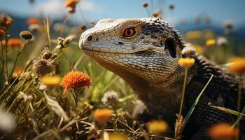 AI generated Cute lizard in the wild, looking at yellow flower generated by AI photo