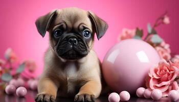 ai generado linda pequeño cachorro, juguetón y esponjoso, sentado con juguete generado por ai foto