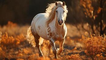 ai generado corriendo semental en prado, puesta de sol ilumina sus hermosa melena generado por ai foto