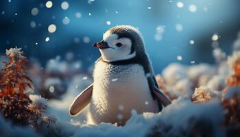ai generado linda pingüino anadeando en Nevado ártico línea costera, mirando a cámara generado por ai foto