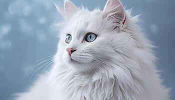 AI generated Cute kitten with blue eyes staring, fluffy fur, playful nature generated by AI photo