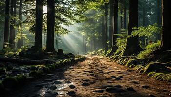 ai generado tranquilo escena verde follaje, luz de sol, y misterioso niebla en bosque generado por ai foto