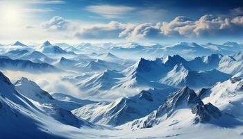 AI generated Majestic mountain peak, snow covered landscape, tranquil scene, frozen beauty generated by AI photo