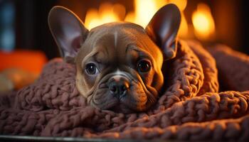 AI generated Cute bulldog puppy sitting indoors, looking at camera, fluffy and playful generated by AI photo