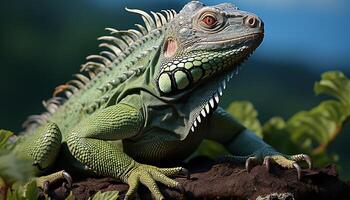 ai generado majestuoso verde iguana, un cerca arriba retrato de un continuar generado por ai foto