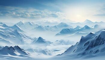 AI generated Majestic mountain peak, snow covered landscape, tranquil scene, breathtaking beauty generated by AI photo