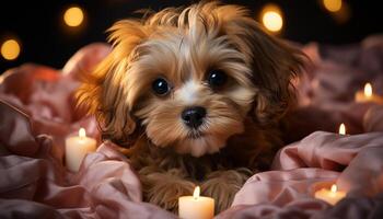 AI generated Cute puppy sitting, looking at camera, illuminated by candle flame generated by AI photo