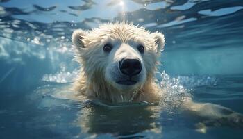 ai generado linda perrito nadando en azul agua, mirando a cámara generado por ai foto