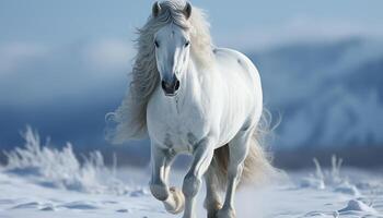 AI generated Majestic stallion running free in snowy mountain landscape generated by AI photo