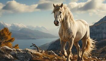 AI generated Majestic stallion grazing in tranquil meadow, surrounded by mountain peaks generated by AI photo