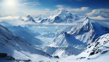 AI generated Majestic mountain peak, blue sky, tranquil nature, frozen adventure generated by AI photo