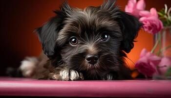Cute puppy sitting, looking at camera, fluffy fur, charming eyes generated by AI photo
