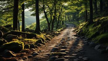 ai generado tranquilo escena verde bosque, luz de sol, montaña, caminando en sendero generado por ai foto