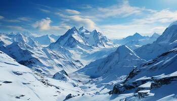 Majestic mountain peak, tranquil scene, cold temperature, snowboarding adventure generated by AI photo