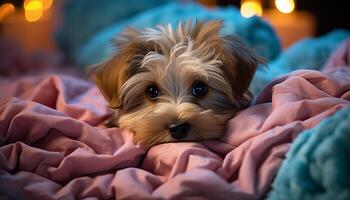AI generated Cute puppy lying on bed, looking at camera with charm generated by AI photo
