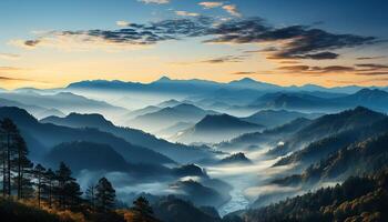 AI generated Majestic mountain range, autumn beauty in nature, tranquil sunrise generated by AI photo