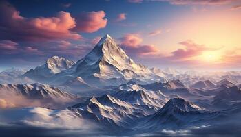 AI generated Majestic mountain peak, snow capped, sunset paints nature panoramic beauty generated by AI photo