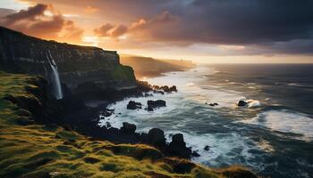 AI generated Majestic sunset over Bali cliffs, waves crash on rocky coast generated by AI photo