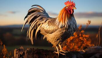 AI generated Majestic rooster standing in meadow, enjoying freedom at sunrise generated by AI photo