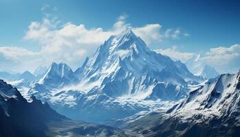 ai generado majestuoso montaña cima, nieve cubierto paisaje, tranquilo escena, azul cielo generado por ai foto