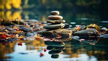 Tranquil autumn forest, balance reflected in stone cairn by pond generated by AI photo