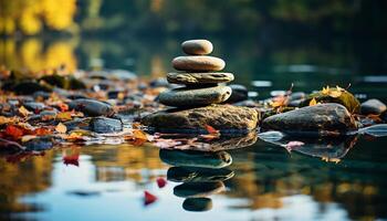 ai generado tranquilo otoño bosque, equilibrar reflejado en Roca mojón por estanque generado por ai foto