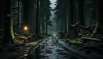 Mysterious night, spooky fog, dark forest, walking on footpath generated by AI photo