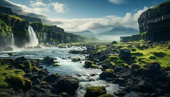 AI generated Majestic mountain peak, flowing water, green grass, blue sky generated by AI photo