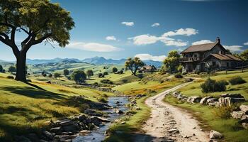 AI generated Tranquil meadow, green mountains, old farm, idyllic rural scene generated by AI photo