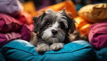 AI generated Cute puppy sitting on bed, looking at camera with softness generated by AI photo