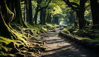 AI generated Tranquil scene green tree, leaf, sunlight, walking on footpath generated by AI photo