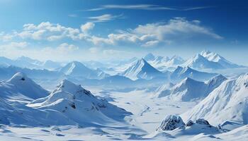 ai generado tranquilo montaña cima, nieve cubierto paisaje, azul cielo, congelado agua generado por ai foto