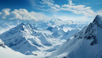 AI generated Majestic mountain peak, tranquil snow covered landscape, breathtaking panoramic beauty generated by AI photo