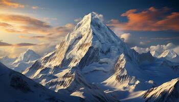 ai generado majestuoso montaña cima, naturaleza belleza en panorámico invierno paisaje generado por ai foto