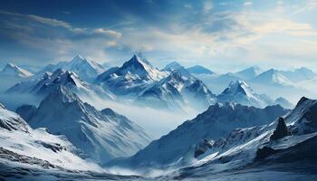 AI generated Majestic mountain peak, snow covered landscape, tranquil scene, frozen water generated by AI photo