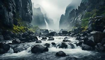 AI generated Majestic mountain peak, flowing water, fog, and dark ravine generated by AI photo