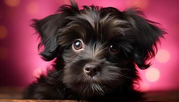 Cute puppy sitting, looking at camera, fluffy and charming generated by AI photo