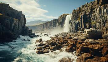 ai generado majestuoso montaña roca, cascada, y fluido agua en naturaleza generado por ai foto