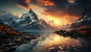 AI generated Majestic mountain peak reflects tranquil sunset on water generated by AI photo