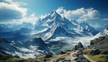 AI generated Majestic mountain peak, snow covered landscape, adventure in nature generated by AI photo