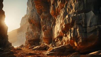 Majestic mountain peak, a stunning rock formation at sunrise generated by AI photo