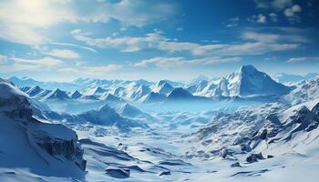 AI generated Majestic mountain peak, snow covered, tranquil, panoramic beauty in nature generated by AI photo