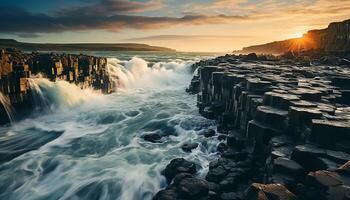 ai generado majestuoso puesta de sol terminado áspero línea costera, olas rotura en rocas generado por ai foto