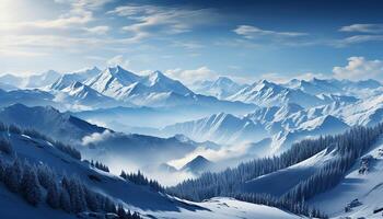 AI generated Winter landscape snow covered mountains, icy trees, tranquil beauty generated by AI photo