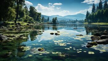 ai generado tranquilo escena montaña pico refleja en pacífico estanque, naturaleza belleza generado por ai foto