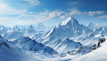 AI generated Majestic mountain peak, blue sky, frozen landscape, tranquil nature generated by AI photo
